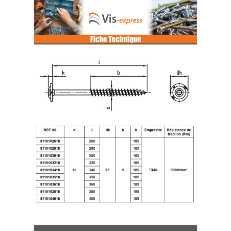 1 x Vis charpente tête disque Inox A2 4.5X30 Filetée sur 18 TORX T20 Diamètre de tête: 13