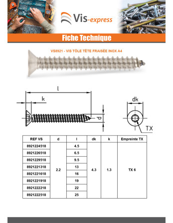 Vis tôle Tête fraisée 6.3X25 TORX T30 Inox A4