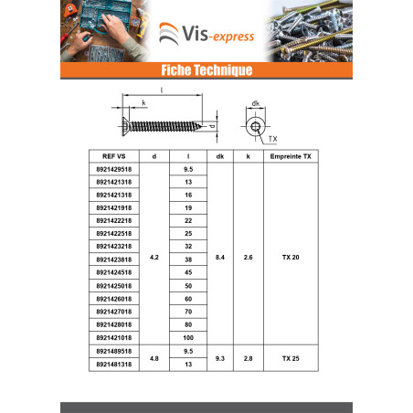 1 x Vis tôle Tête fraisée 3.5X50 TORX T15 Inox A4