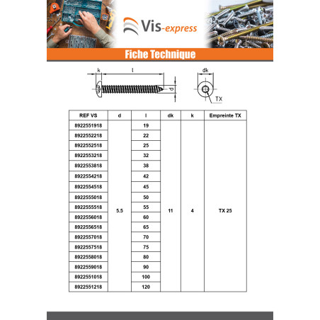 1 x Vis tôle Tête cylindrique bombée TCB 4.2X45 TORX T20 Inox A4
