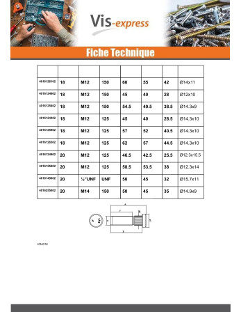 Vis De ROUE Acier zingué M12X60 Filetée sur 42 Pas de 150