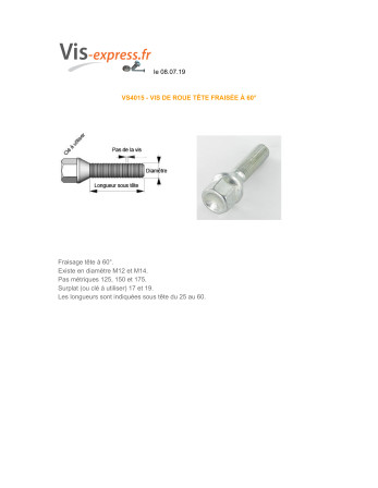 Vis ROUE M12X30 Pas de 150 S/PL17 Classe 10.9 Acier zingué