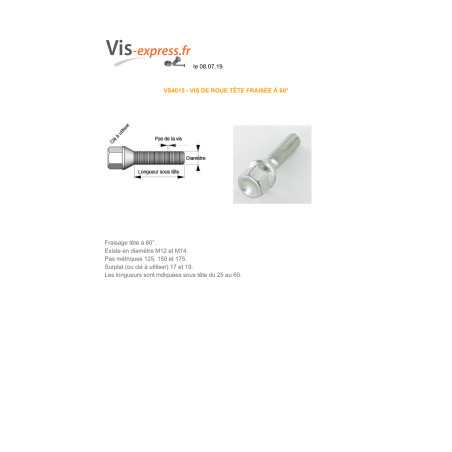 1 x Vis ROUE M12X25 Pas de 150 S/PL17 Classe 10.9 Acier zingué