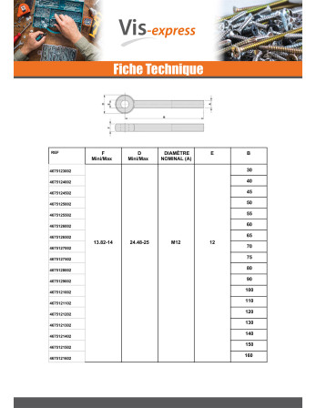 Vis métaux à Oeil M8X75 Filetée sur 22 Acier zingué