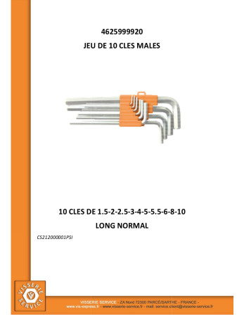 JEU DE10 CLES MALES Hexagonal creux 1.5 A10 Longueur NORMAL