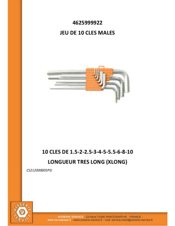 Jeu de 10 CLES MALES Hexagonal creux 1.5 à 10 Longueur XL