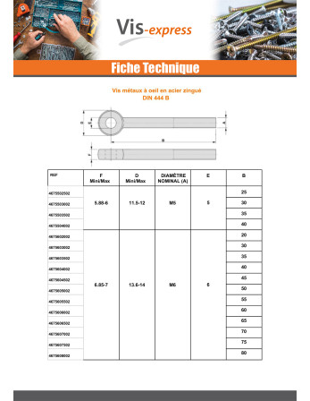 Vis métaux à Oeil M8X35 Filetée sur 22 Acier zingué