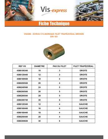 Ecrou Cylindrique Filet Trapézoidale Droite 18X4 BRONZE