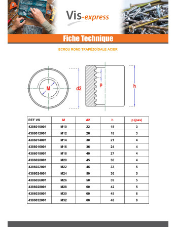 Ecrou Rond Tête ronde TR 28X5 Trapézoidale Acier brut