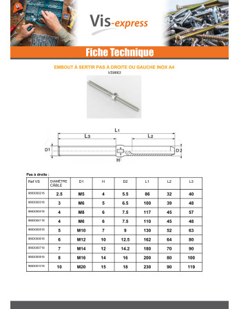 Embout à sertir fileté Pas Droite Inox A4 Câble 8 Longueur total 200