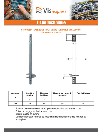 Extension pour vis de fondation 76X3.6X1500 Forte tenue à la corrosion Acier galvanisé à chaud