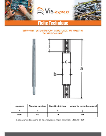 Extension pour vis de fondation 76X3.6X1500 Forte tenue à la corrosion Acier galvanisé à chaud