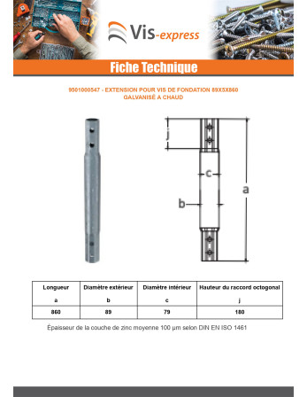 Extension pour vis de fondation 89X5X860 Forte tenue à la corrosion Acier galvanisé à chaud