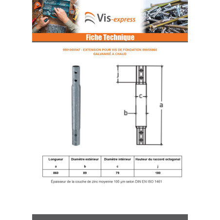 1 x Extension pour vis de fondation 89X5X860 Forte tenue à la corrosion Acier galvanisé à chaud