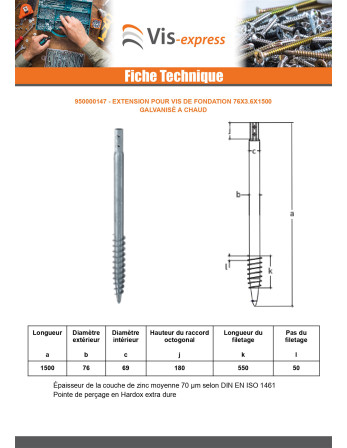 Vis de fondation 76X3.6X1500 Forte tenue à la corrosion Acier galvanisé à chaud