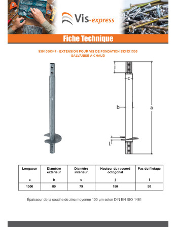 Extension pour vis de fondation 89X5X1500 Forte tenue à la corrosion Acier galvanisé à chaud