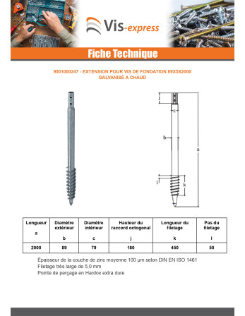 Vis de fondation 89X5X2000 Forte tenue à la corrosion Acier galvanisé à chaud