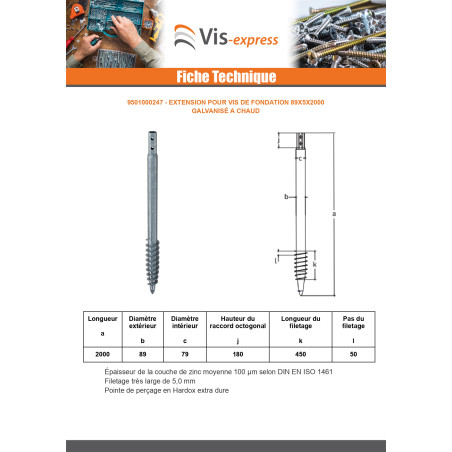 1 x Vis de fondation 89X5X2000 Forte tenue à la corrosion Acier galvanisé à chaud