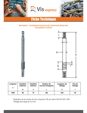 Extension pour vis de fondation 89X5X1500 Forte tenue à la corrosion Acier galvanisé à chaud
