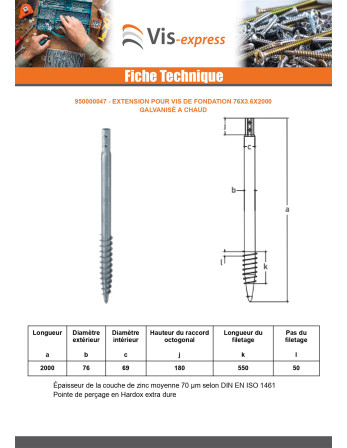 Vis de fondation 76X3.6X2000 Forte tenue à la corrosion Acier galvanisé à chaud