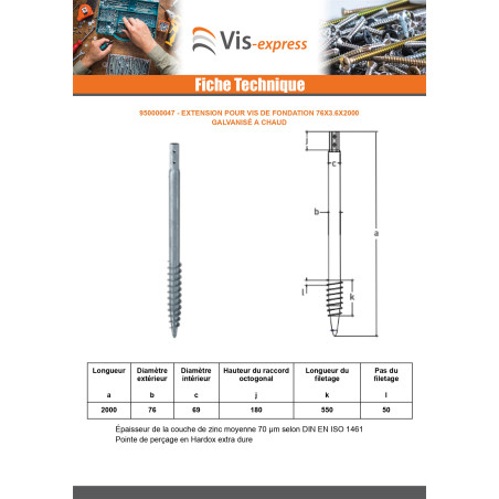 1 x Vis de fondation 76X3.6X2000 Forte tenue à la corrosion Acier galvanisé à chaud