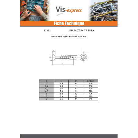 1 x VBA Vis bois agglo Tête fraisée 4X40 Filetée sur 25 TORX T20 Inox A4
