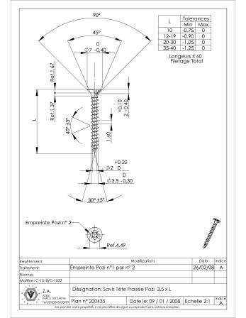 VBA Vis bois agglo Tête fraisée Pozi N°2 3.5X15 Filetage total Acier nickelé