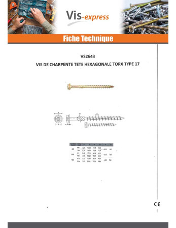 Vis charpente TEKOR Tête hexagonale TH Pointe antifendage type 17 12X220 Filetée sur 80 TORX T50 zingué cr3 96 hbs