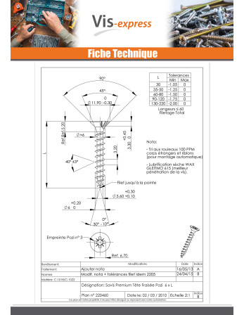 VBA Vis bois agglo Premium Tête fraisée Pozi N°3 6X80 Bichromaté