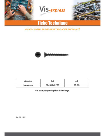 Vis pour plaque de plâtre Large Filetage 3.9X55 Acier phosphate