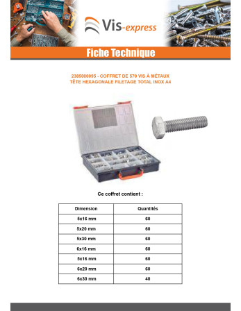 Assortiment de 570 Vis métaux Tête hexagonale TH Filetage total Inox A4
