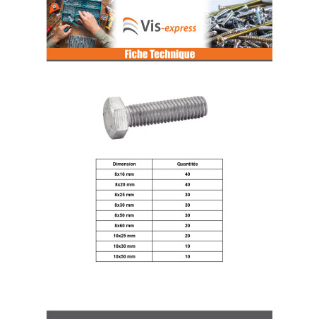 1 x Assortiment de 570 Vis métaux Tête hexagonale TH Filetage total Inox A4