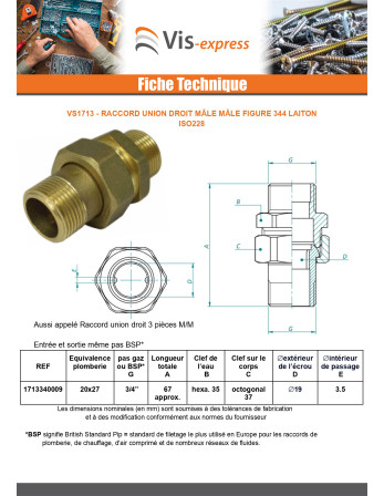 Raccord union droit 20x27 (3/4") Mâle / Mâle Laiton Figure 344