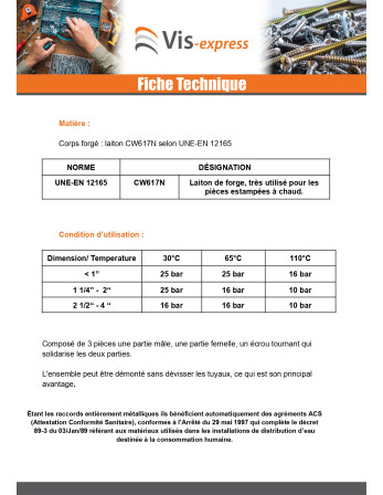 Raccord union droit 20x27 (3/4") Mâle / Mâle Laiton Figure 344