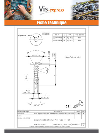 Vis bois TEKOR Vis Penture 7X30 Filetée sur 30 TORX T30 Acier zingué noir Pointe antifendage type 17