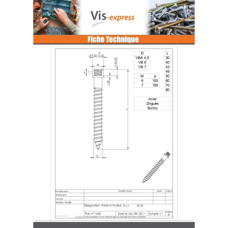 1 x PATTES à Vis bois Acier zingué 7X60