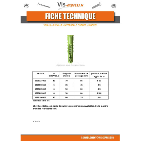 1 x Cheville Fischer UX GREEN 12X70