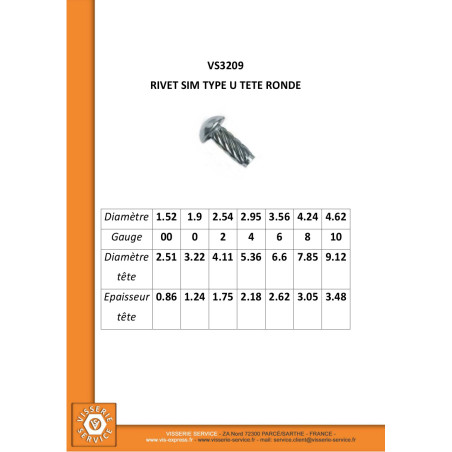 1 x Rivet SIM ou fausse vis à frapper Type U Tête ronde TR 3.56X 5/16 Acier nickelé