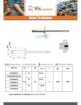 Rivet aveugle Aluminium Tige acier 4.8X85 Epaisseur de serrage 75 à 80 Tête Ronde Standard