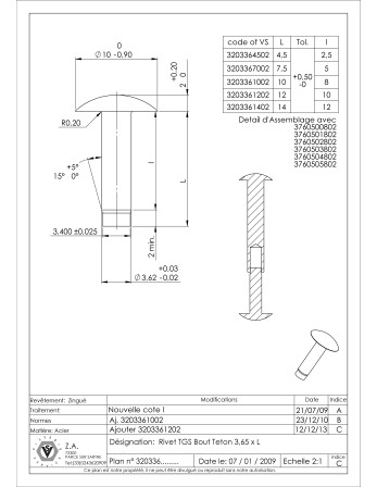 Rivet à frapper Tête goutte de suif 3.65X4.5 Bout téton Téton Acier zingué