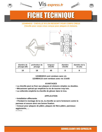 Cheville Nylon ressort 8X40 Avec Vis 3.5X55