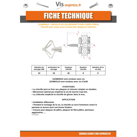 1 x Cheville Nylon ressort 8X40 Avec Vis 3.5X55