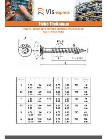 Vis bois TEKOR Tête fraisée Cranté 4.5X70 Filetée sur 42 TORX T20 Acier zingué Pointe antifendage type 17