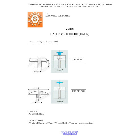 1 x Cache tête de vis FHC tête fraisée empreinte hexagonale creuse Clé de 5 HC5 Diamètre tige 5.3 Diamètre de tête: