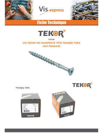 Vis charpente TEKOR Tête fraisée Cranté TORX T40 8X100 Filetée sur 60 Pointe antifendage type 17 Acier zingué
