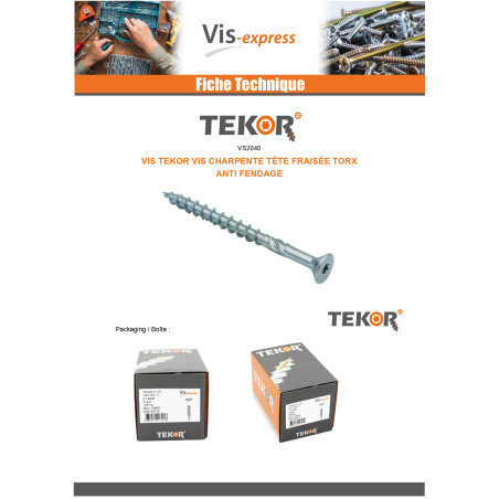 1 x Vis charpente TEKOR Tête fraisée Cranté TORX T40 8X100 Filetée sur 60 Pointe antifendage type 17 Acier zingué