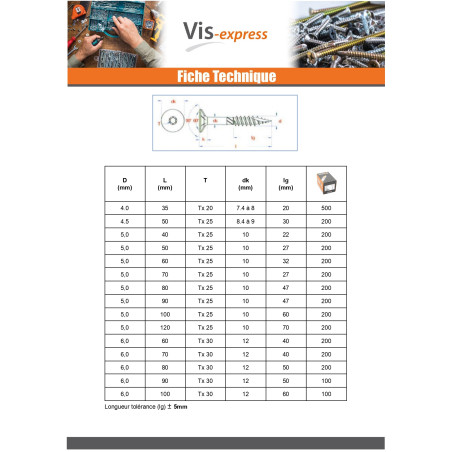 1 x Vis charpente TEKOR Tête fraisée Cranté TORX T40 8X100 Filetée sur 60 Pointe antifendage type 17 Acier zingué