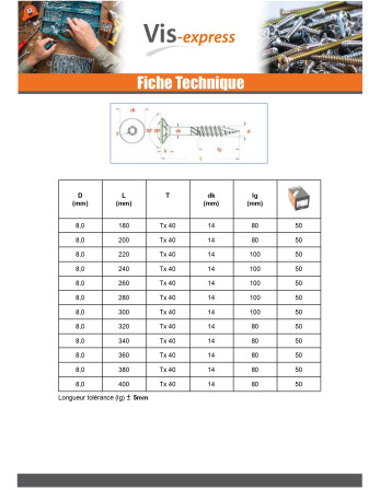 Vis charpente TEKOR Tête fraisée Cranté TORX T40 8X100 Filetée sur 60 Pointe antifendage type 17 Acier zingué