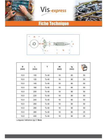 Vis charpente TEKOR Tête fraisée Cranté TORX T40 8X100 Filetée sur 60 Pointe antifendage type 17 Acier zingué