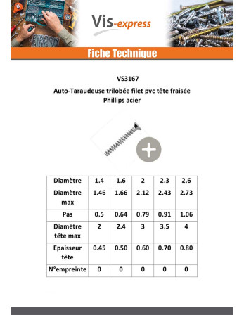 Vis autotaraudeuse Pour Plastique Tête fraisée Phillips n° 0 1.6X8 Acier zingué noir microvis